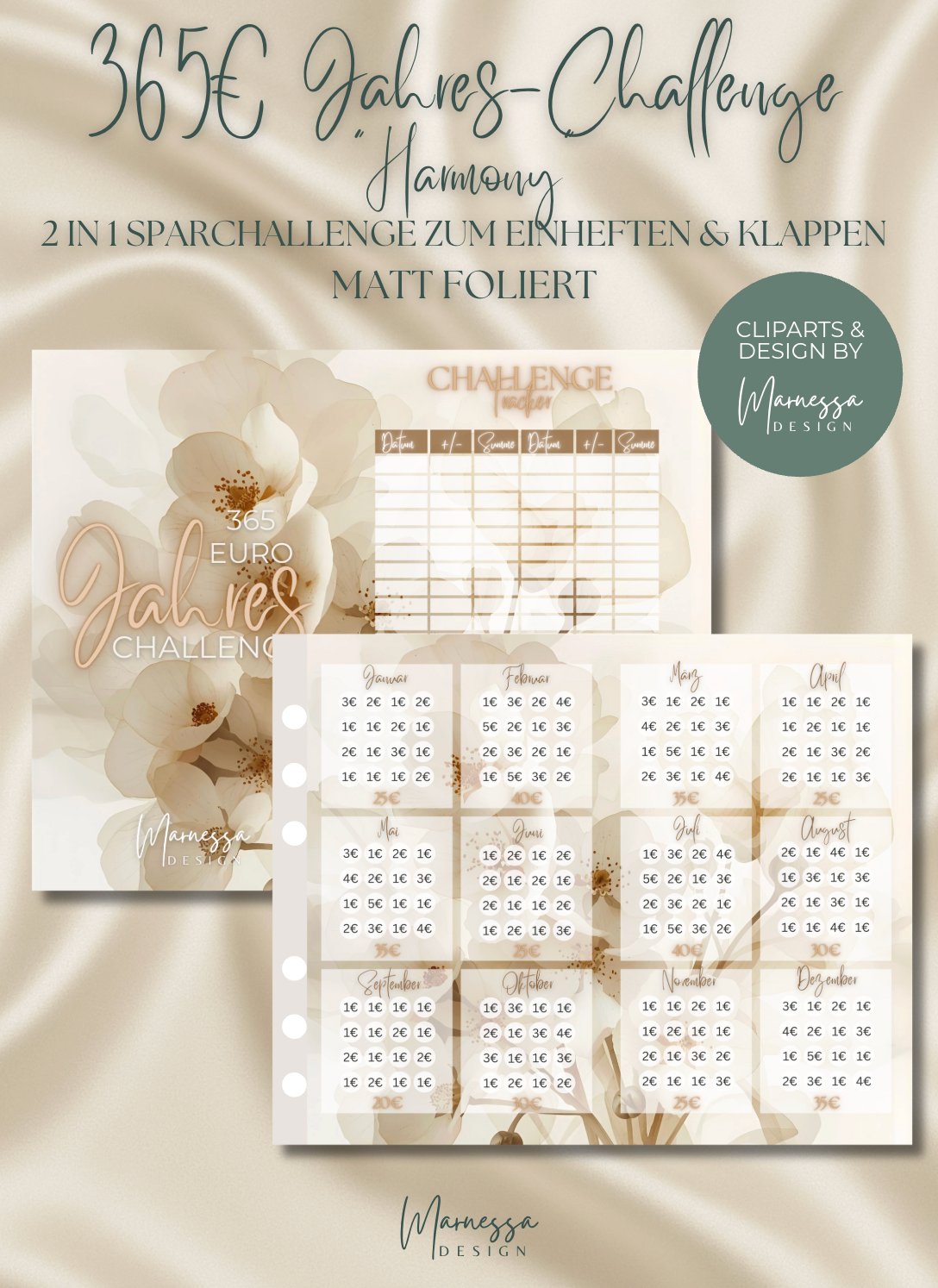 365€ JAHRESCHALLENGE "HARMONY" | 2 in 1 Klappkarte zum einheften | matt foliert
