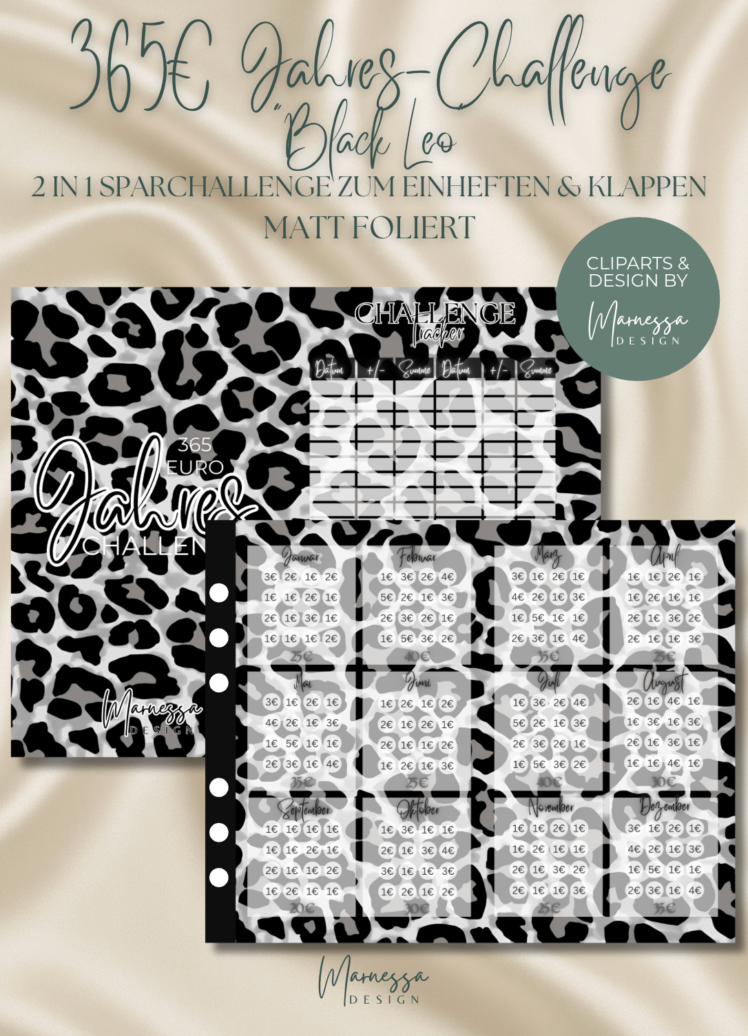 365€ JAHRESCHALLENGE "BLACK LEO" | 2 in 1 Klappkarte zum einheften | matt foliert