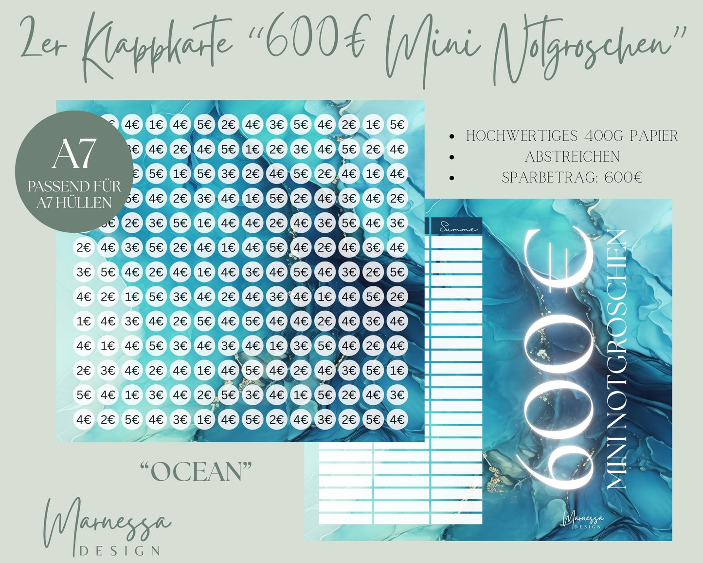 2er Klappkarte Challenge A7 | 600€ MINI NOTGROSCHEN - OCEAN