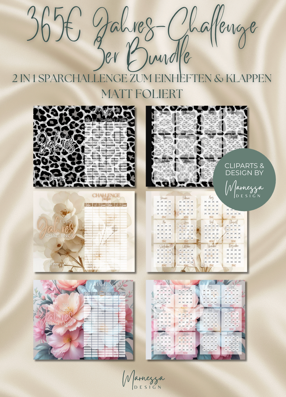 365€ JAHRESCHALLENGE 3ER BUNDLE | 2 in 1 Klappkarte zum einheften | matt foliert