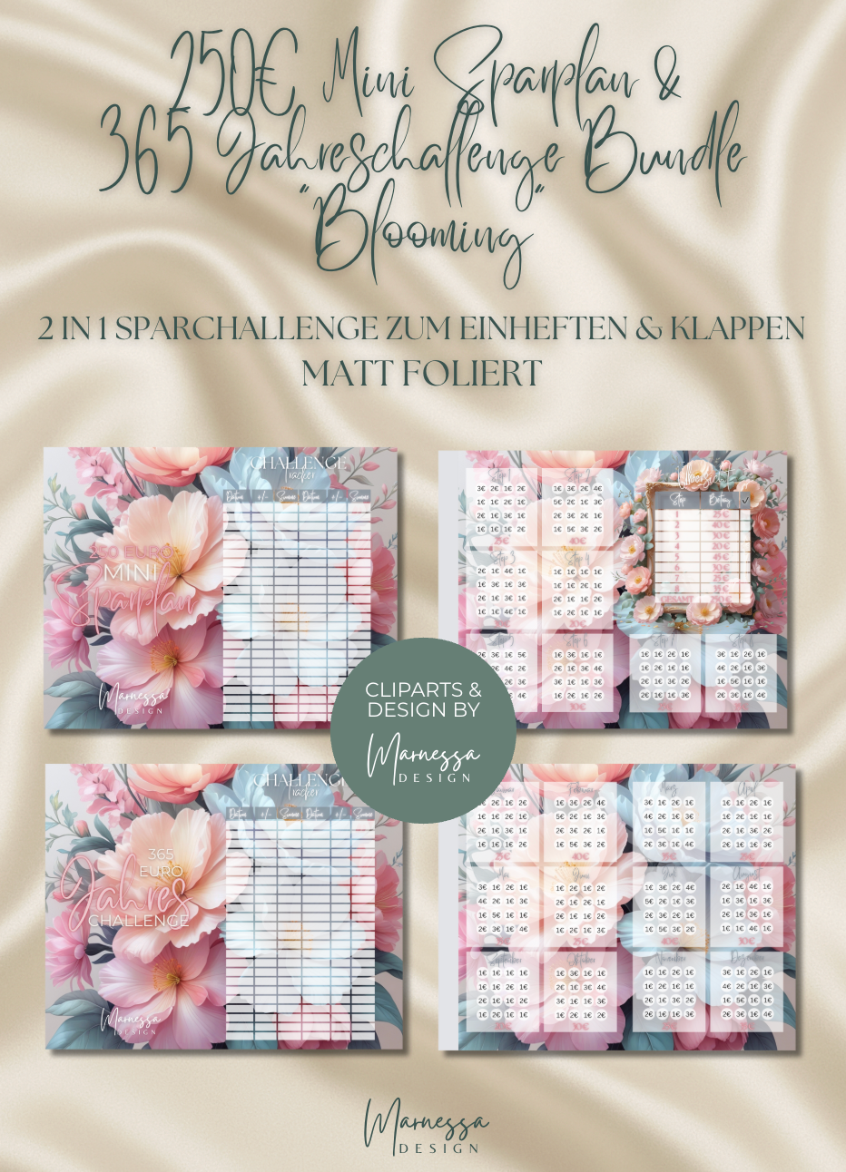250€ MINI NOTGROSCHEN & 365 JAHRESCHALLENGE BUNDLE "BLOOMING" | 2 in 1 Klappkarte zum einheften | matt foliert