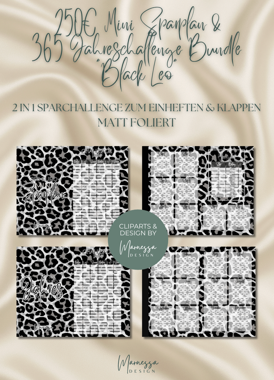 250€ MINI NOTGROSCHEN & 365 JAHRESCHALLENGE BUNDLE "BLACK LEO" | 2 in 1 Klappkarte zum einheften | matt foliert