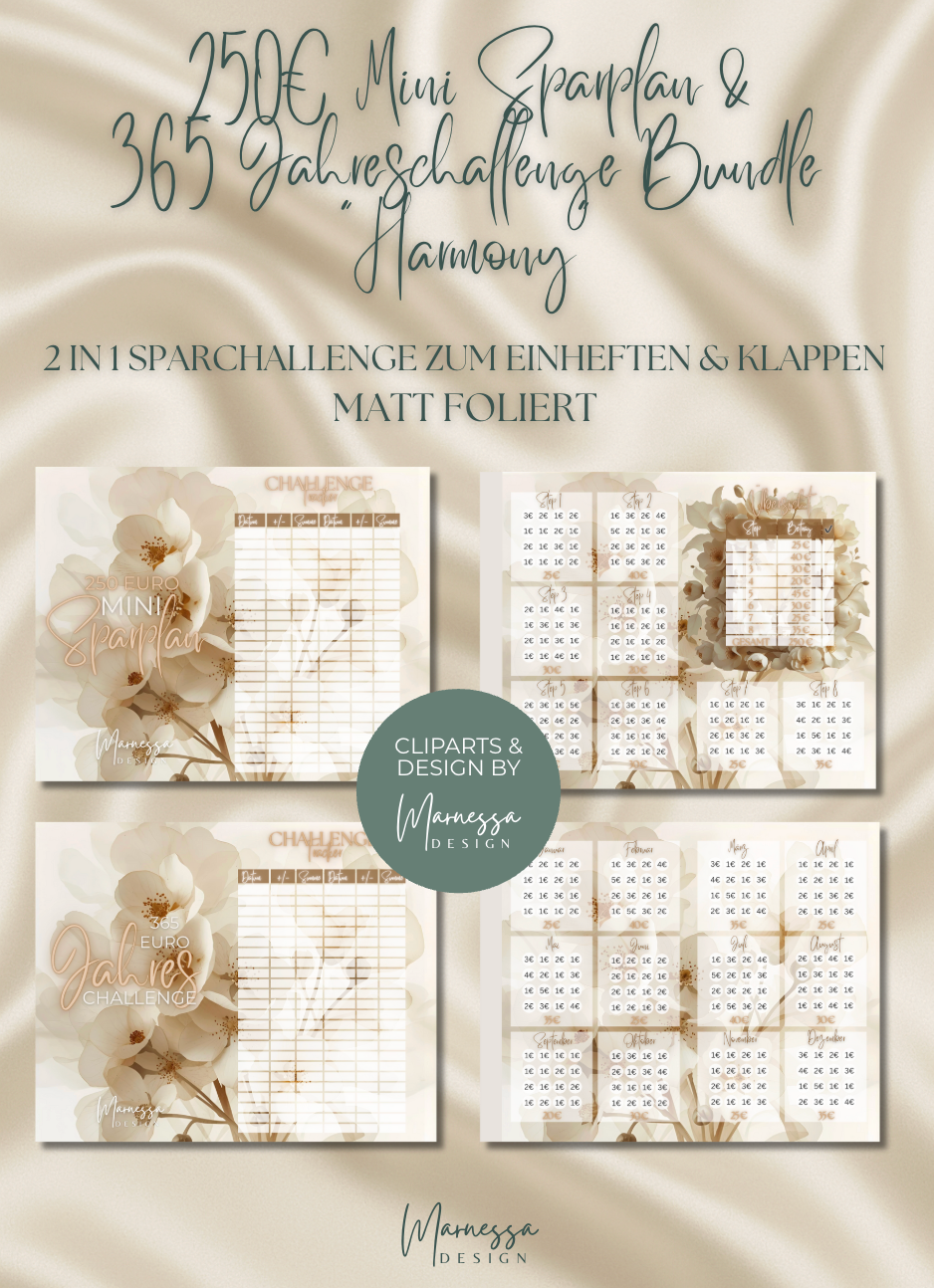 250€ MINI NOTGROSCHEN & 365 JAHRESCHALLENGE BUNDLE "HARMONY" | 2 in 1 Klappkarte zum einheften | matt foliert