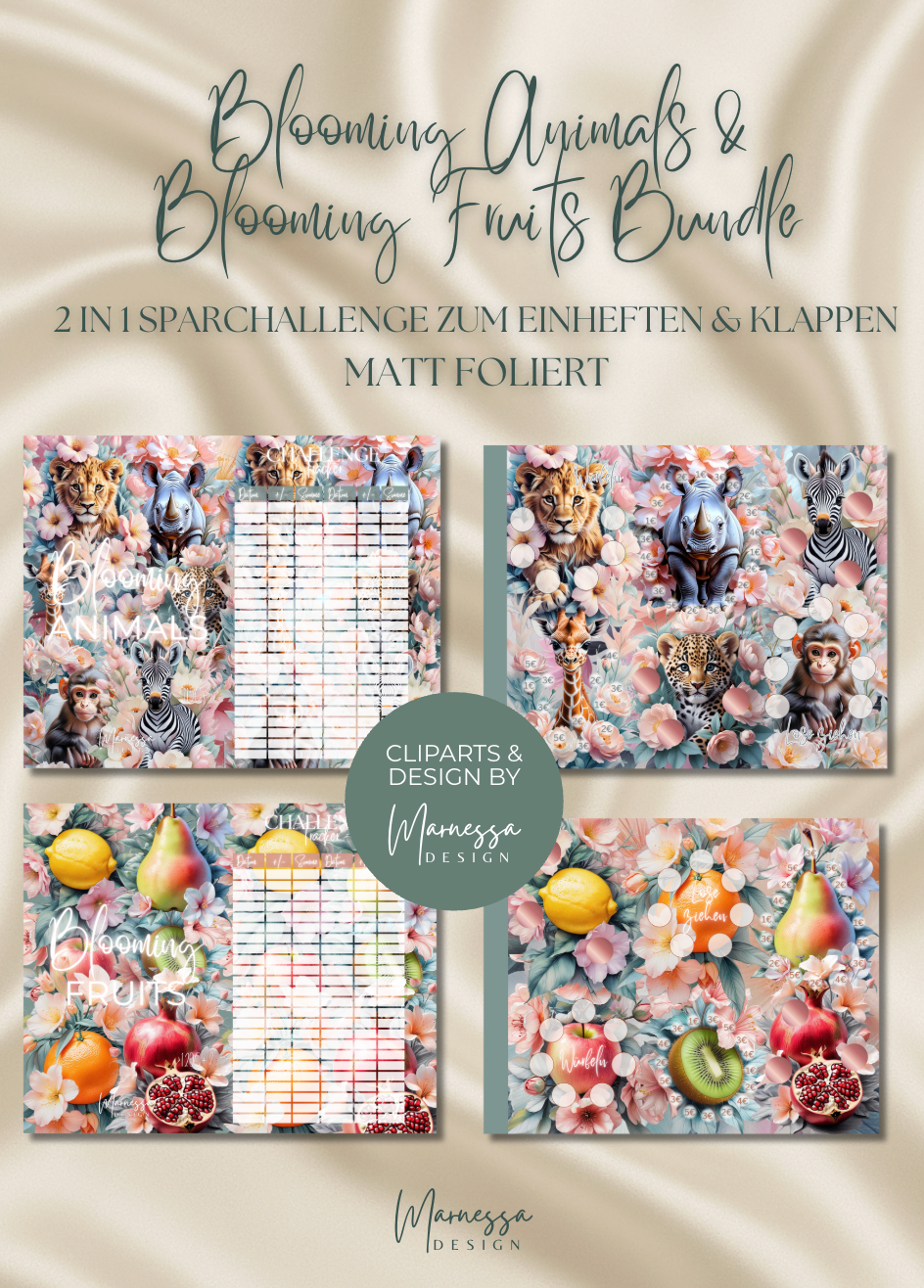BLOOMING ANIMALS & BLOOMING FRUITS BUNDLE | 2 in 1 Klappkarte zum einheften | matt foliert