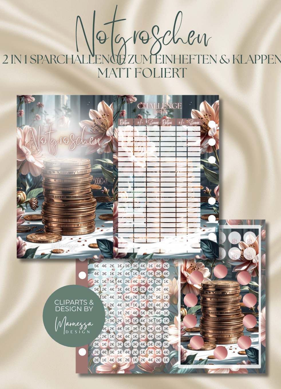 Notgroschen "ROSY GLOW" | 2 in 1 Klappkarte zum einheften | matt foliert | A6