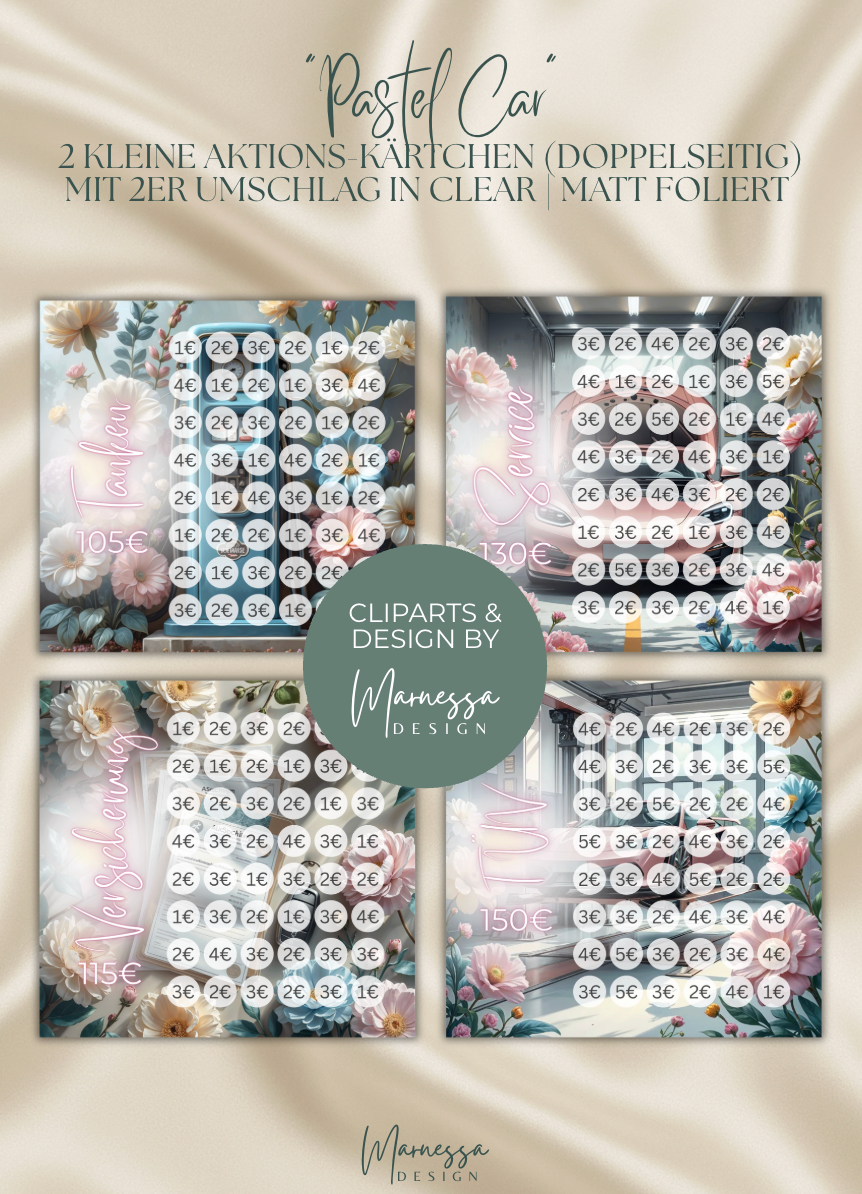 500 € Mini Sparplan | PASTEL CAR | Sparchallenge zum einheften | matt foliert | A6