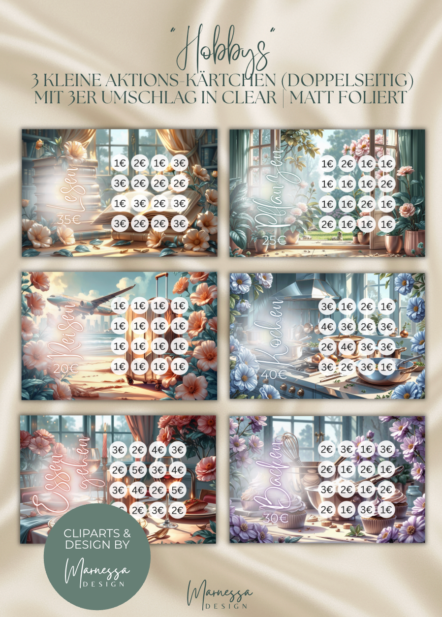 200 € Mini Sparplan | HOBBYS | Sparchallenge zum einheften | matt foliert | A6
