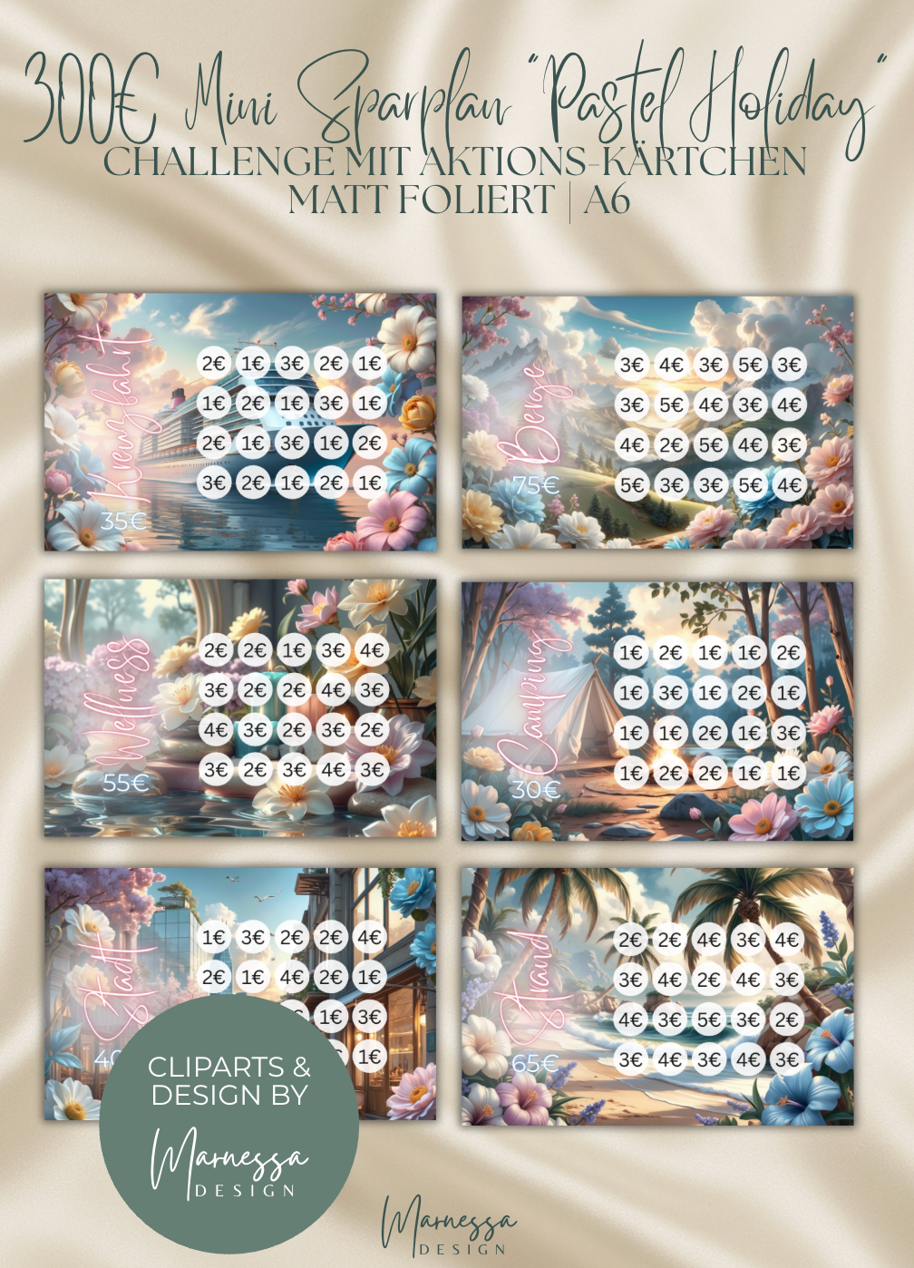 300 € Mini Sparplan | PASTEL HOLIDAY | Sparchallenge zum einheften | matt foliert | A6
