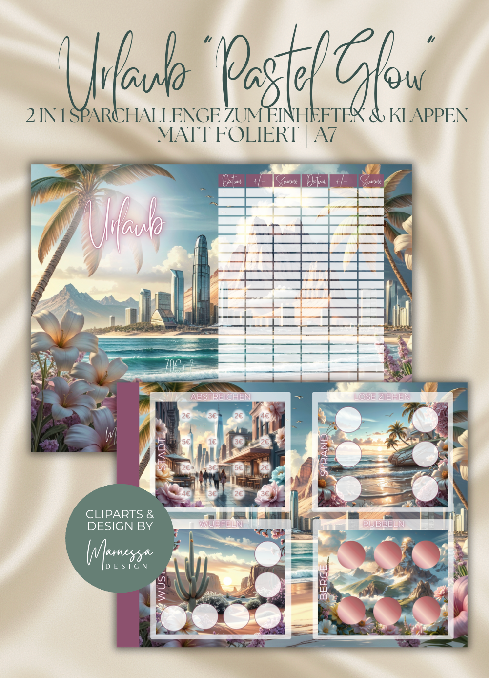 Urlaub "PASTEL GLOW" | 2 in 1 Klappkarten zum einheften | matt foliert | A7