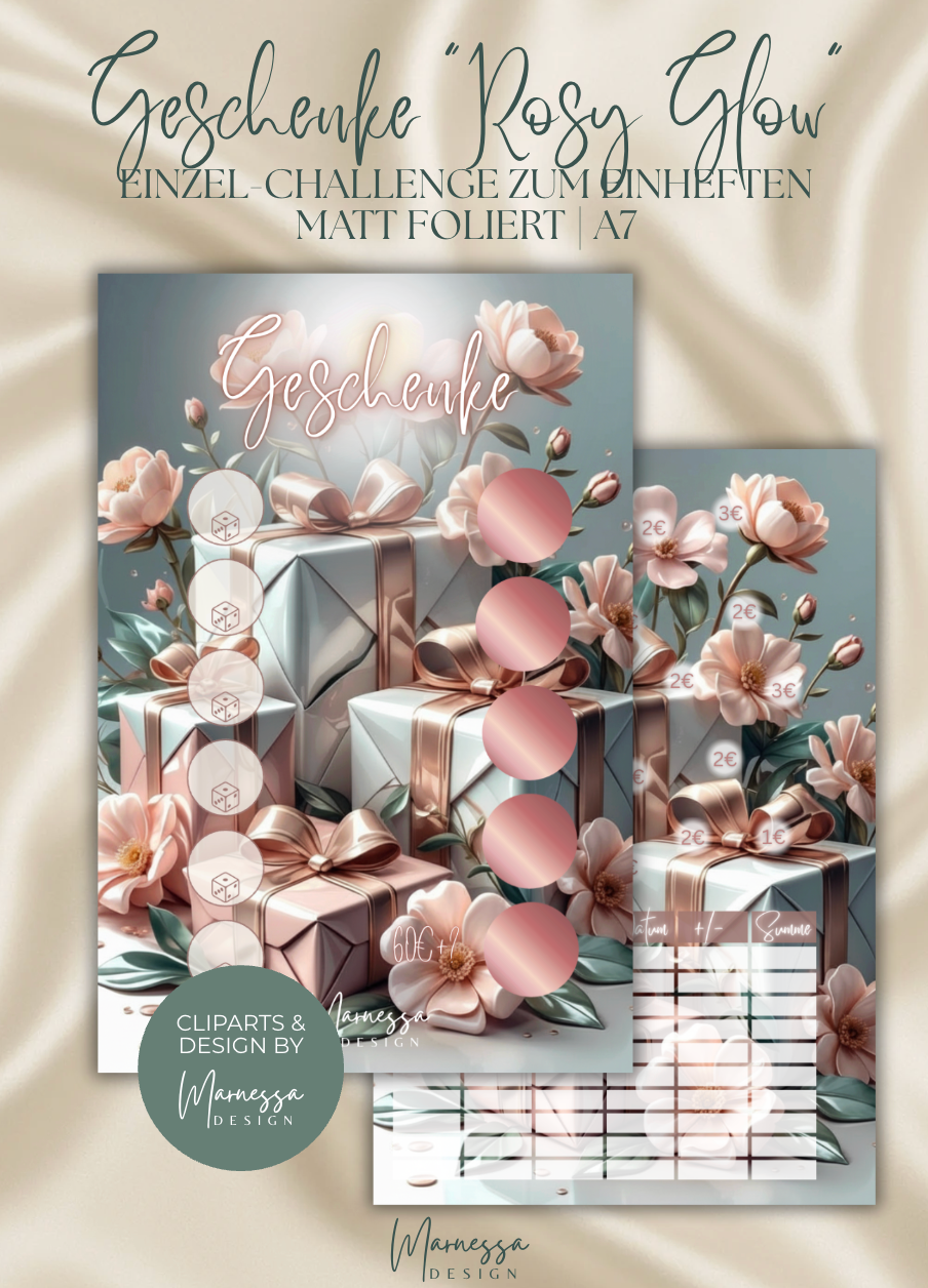 Geschenke "ROSY GLOW" | Einzel-Challenges zum einheften | matt foliert | A7