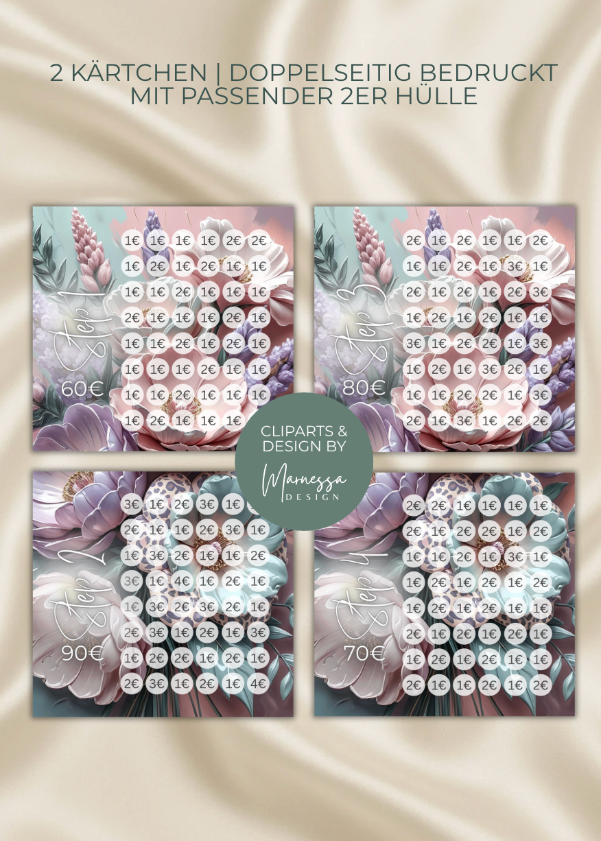 300 € Mini Sparplan | PASTEL LEO BLOOMS | Sparchallenge zum einheften | matt foliert | A6