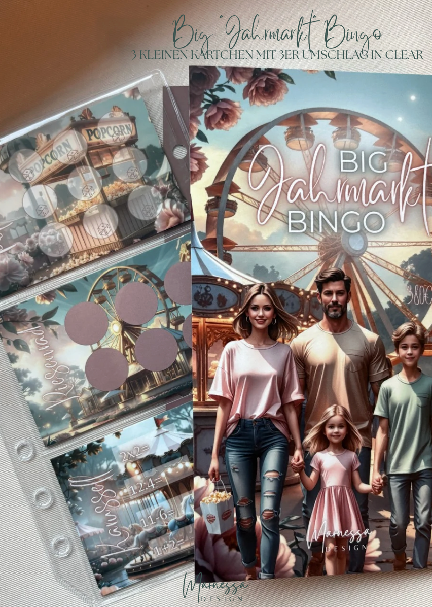 BIG "JAHRMARKT" BINGO | 2 in 1 Klappkarte zum einheften mit Aktionskärtchen | matt foliert | A6