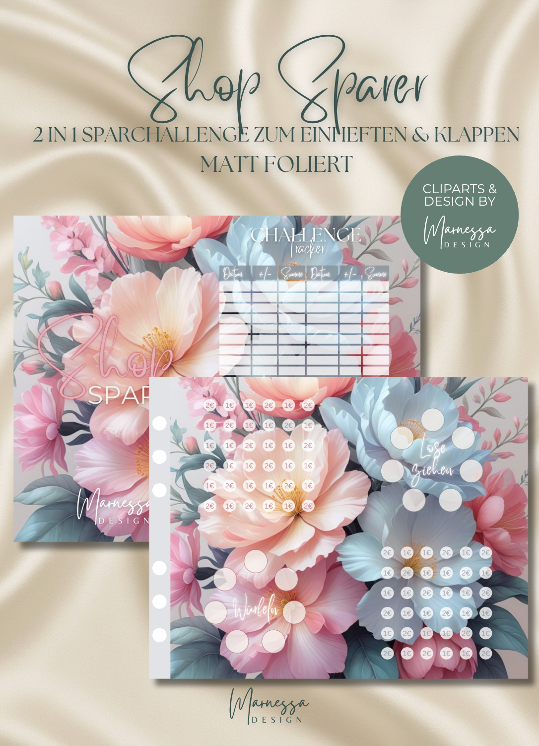 MARNESSA DESIGN SHOP SPARER | 2 in 1 Klappkarte zum einheften | matt foliert