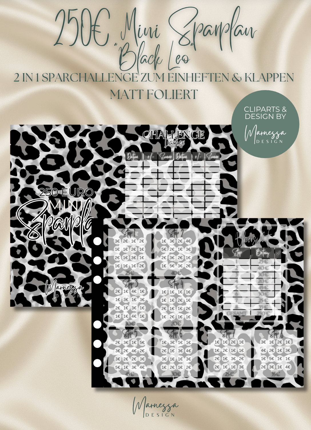 250€ MINI NOTGROSCHEN "BLACK LEO" | 2 in 1 Klappkarte zum einheften | matt foliert