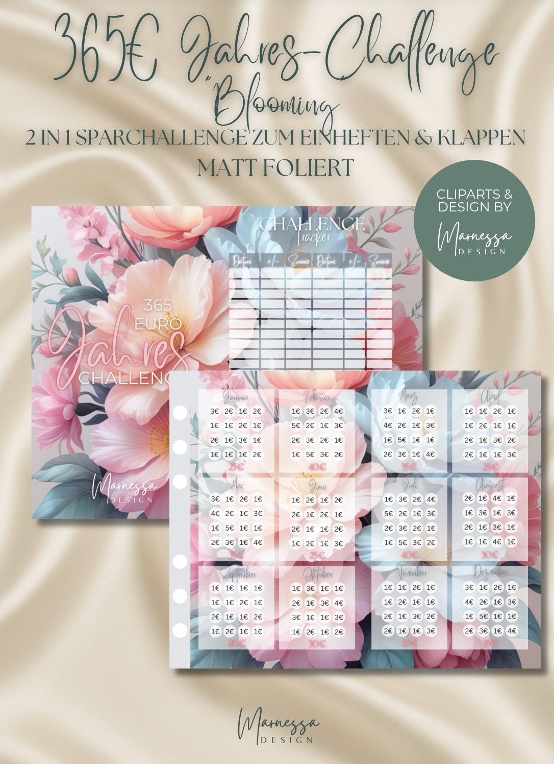 365€ JAHRESCHALLENGE "BLOOMING" | 2 in 1 Klappkarte zum einheften | matt foliert