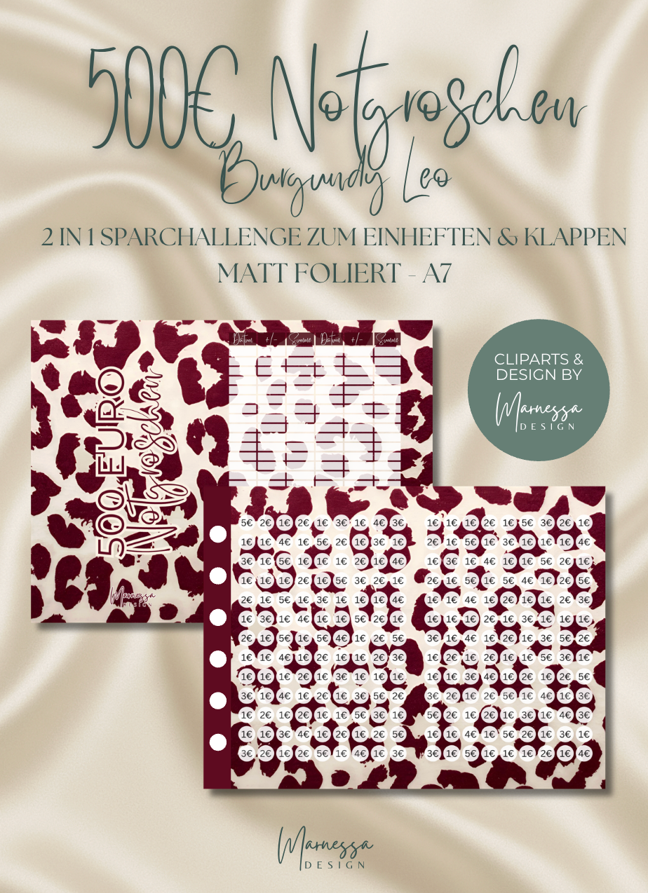 500 € NOTGROSCHEN | 2 in 1 Klappkarte zum einheften "BURGUNDY LEO" | matt foliert | A7