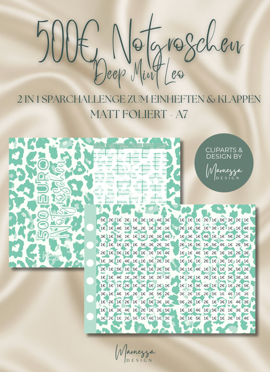 500 € NOTGROSCHEN | 2 in 1 Klappkarte zum einheften "DEEP MINT LEO" | matt foliert | A7