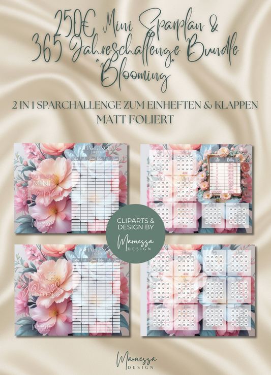 250€ MINI NOTGROSCHEN & 365 JAHRESCHALLENGE BUNDLE "BLOOMING" | 2 in 1 Klappkarte zum einheften | matt foliert