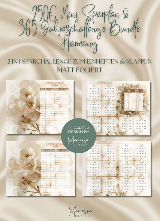 250€ MINI NOTGROSCHEN & 365 JAHRESCHALLENGE BUNDLE "HARMONY" | 2 in 1 Klappkarte zum einheften | matt foliert