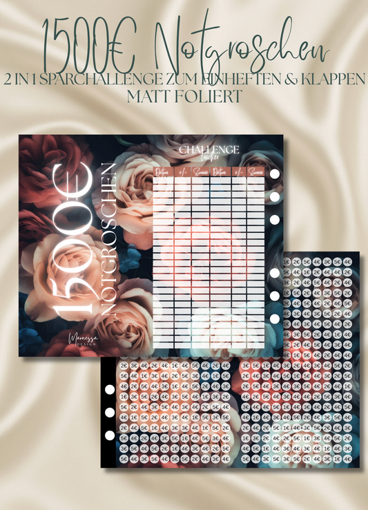 1500 € Notgroschen "DARK ROSE" | 2 in 1 Klappkarte zum einheften | matt foliert | A6