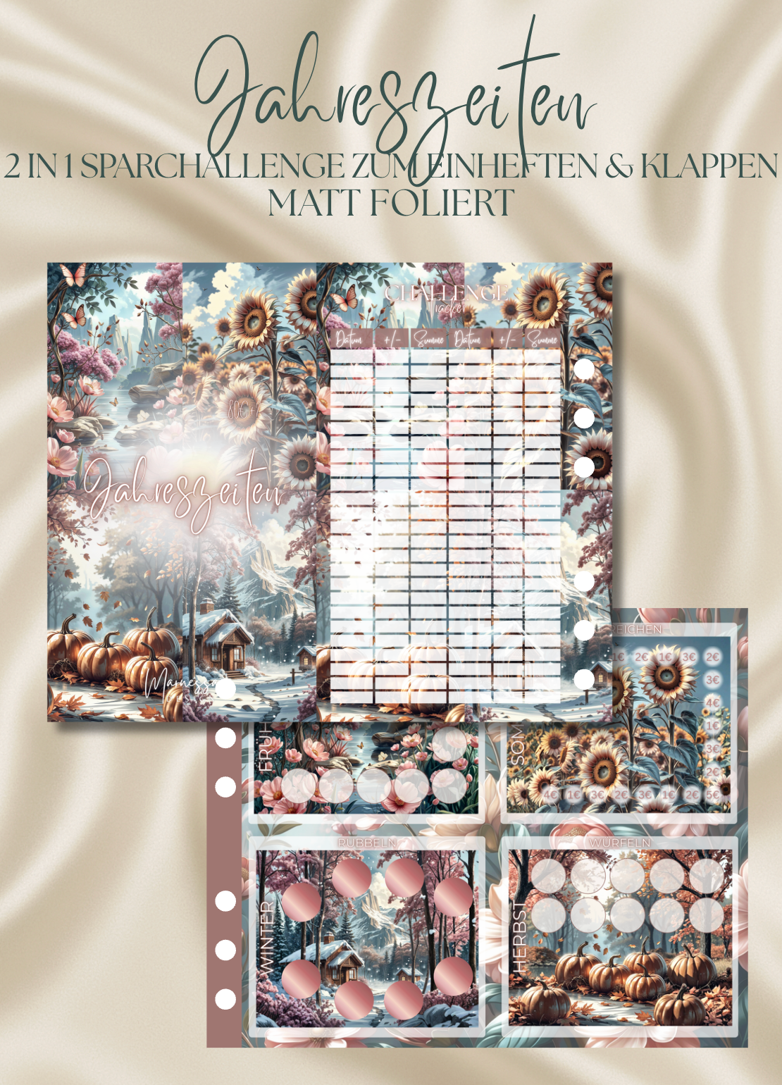 Jahreszeiten "ROSY GLOW" | 2 in 1 Klappkarte zum einheften | matt foliert | A6