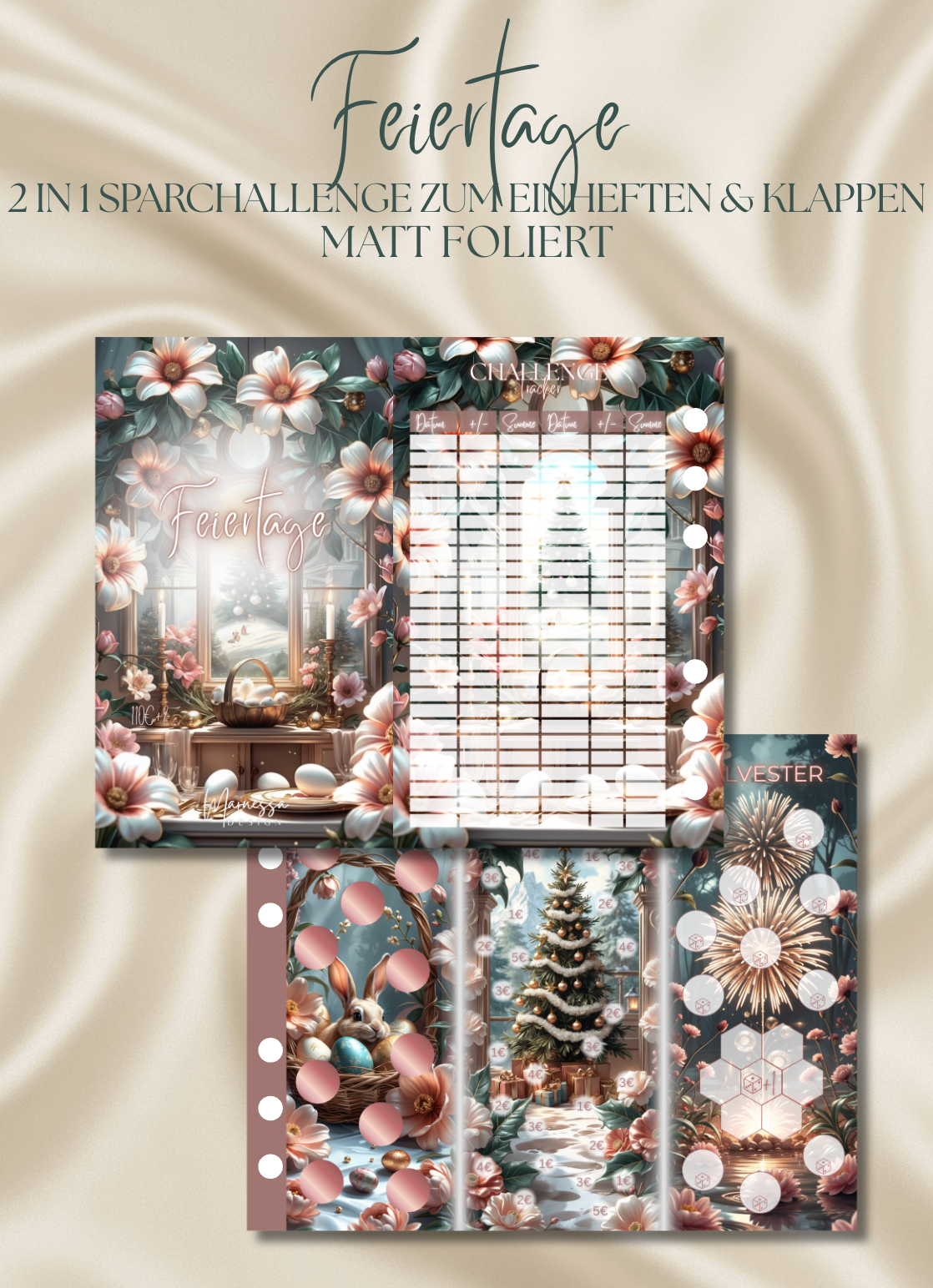 Feiertage "ROSY GLOW" | 2 in 1 Klappkarte zum einheften | matt foliert | A6