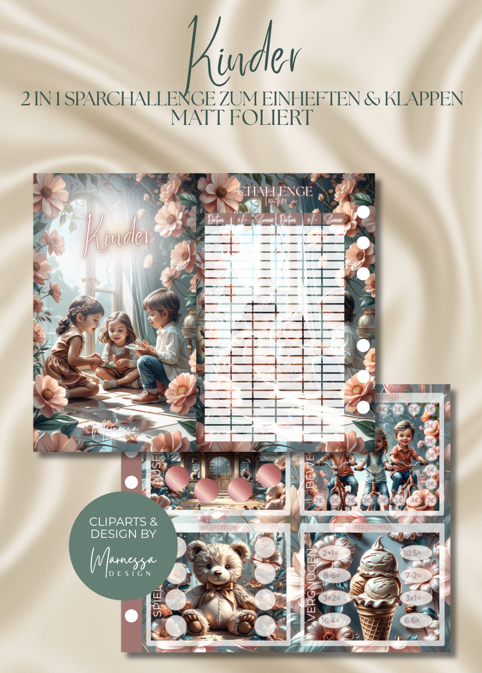 Kinder "ROSY GLOW" | 2 in 1 Klappkarte zum einheften | matt foliert | A6