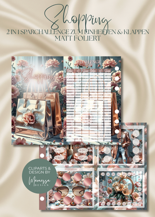 Shopping "ROSY GLOW" | 2 in 1 Klappkarte zum einheften | matt foliert | A6