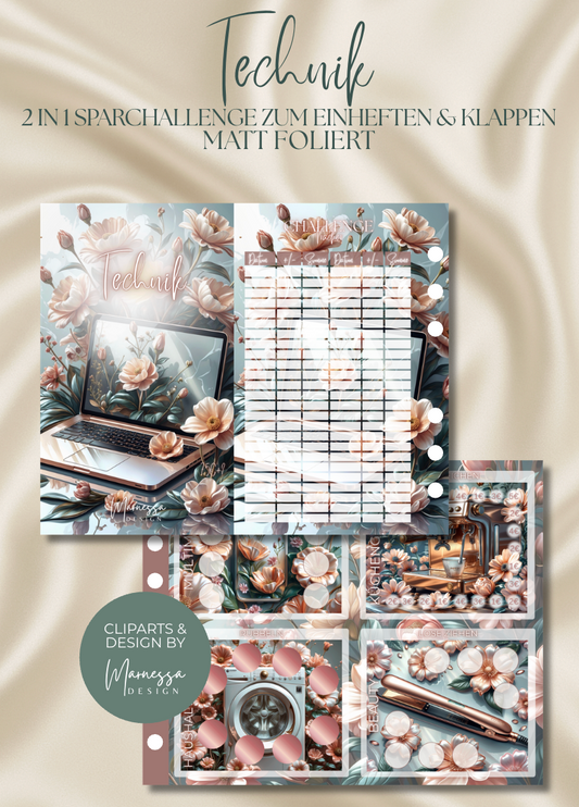 Technik "ROSY GLOW" | 2 in 1 Klappkarte zum einheften | matt foliert | A6