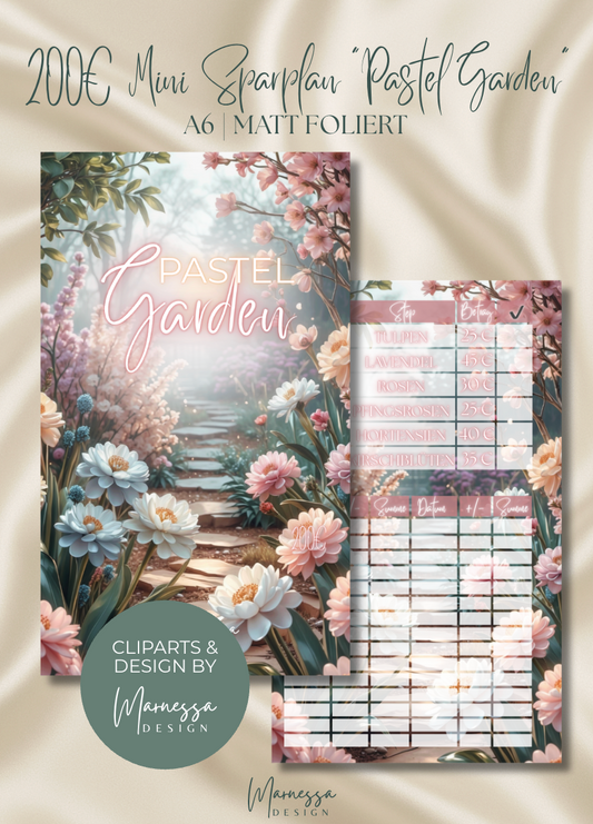 200 € Mini Sparplan | PASTEL GARDEN  | Sparchallenge zum einheften | matt foliert | A6