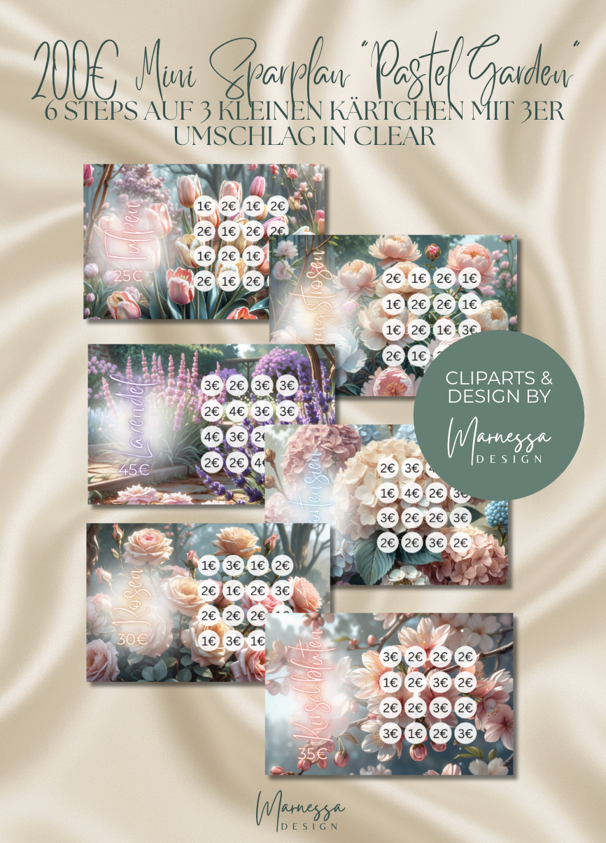 200 € Mini Sparplan | PASTEL GARDEN  | Sparchallenge zum einheften | matt foliert | A6
