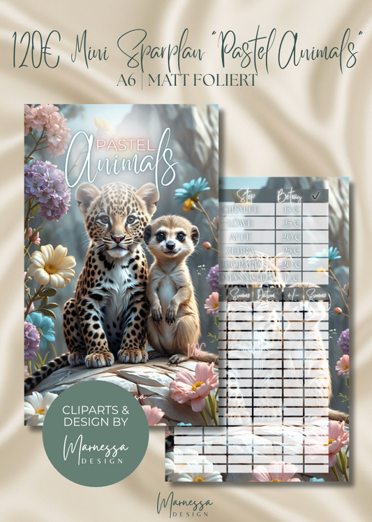 120 € Mini Sparplan | PASTEL ANIMALS  | Sparchallenge zum einheften | matt foliert | A6
