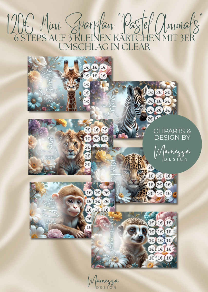 120 € Mini Sparplan | PASTEL ANIMALS  | Sparchallenge zum einheften | matt foliert | A6