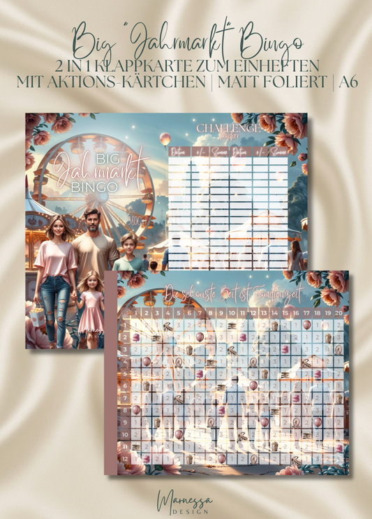 BIG "JAHRMARKT" BINGO | 2 in 1 Klappkarte zum einheften mit Aktionskärtchen | matt foliert | A6