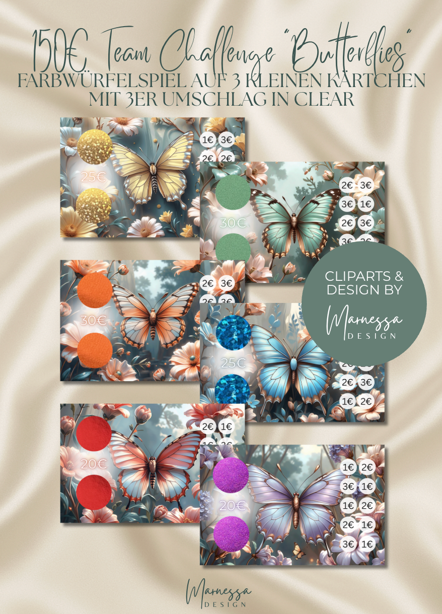 150€ MIni Sparplan | BUTTERFLIES TEAM CHALLENGE | Sparchallenge zum einheften | matt foliert | A6