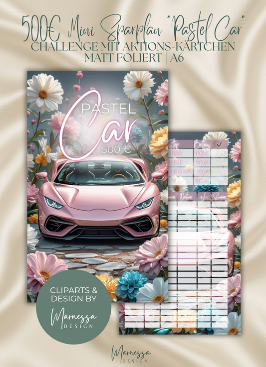 500 € Mini Sparplan | PASTEL CAR  | Sparchallenge zum einheften | matt foliert | A6