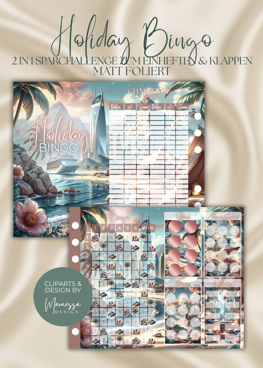 Holiday Bingo "ROSY GLOW" | 2 in 1 Klappkarte zum einheften | matt foliert | A6