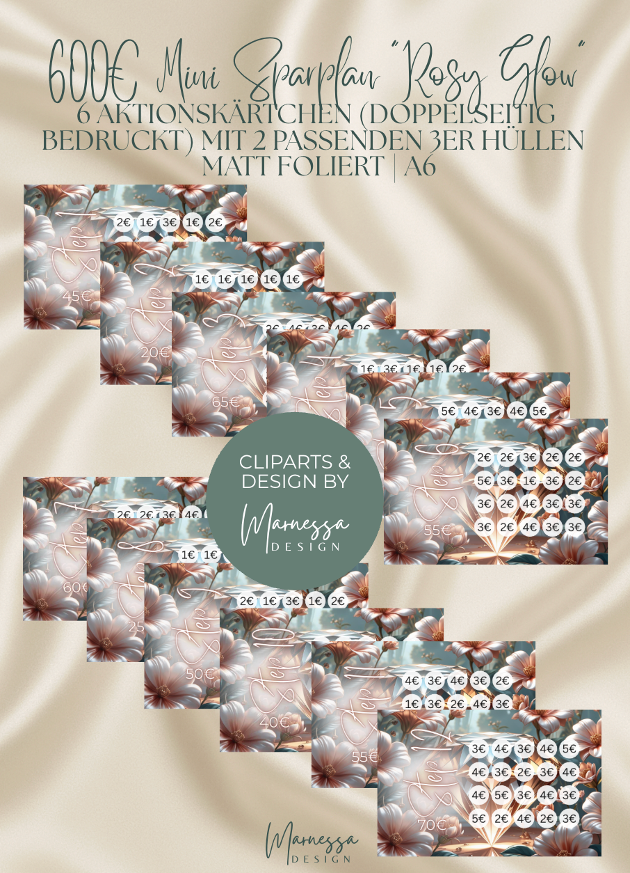600 € Mini Sparplan A6 | ROSY GLOW  | Sparchallenge zum einheften | matt foliert | A6
