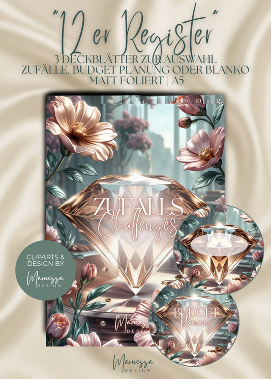 12er Register | ZUFALLS CHALLENGES | BUDGET PLANUNG | BLANKO | ROSY GLOW | matt foliert | A5