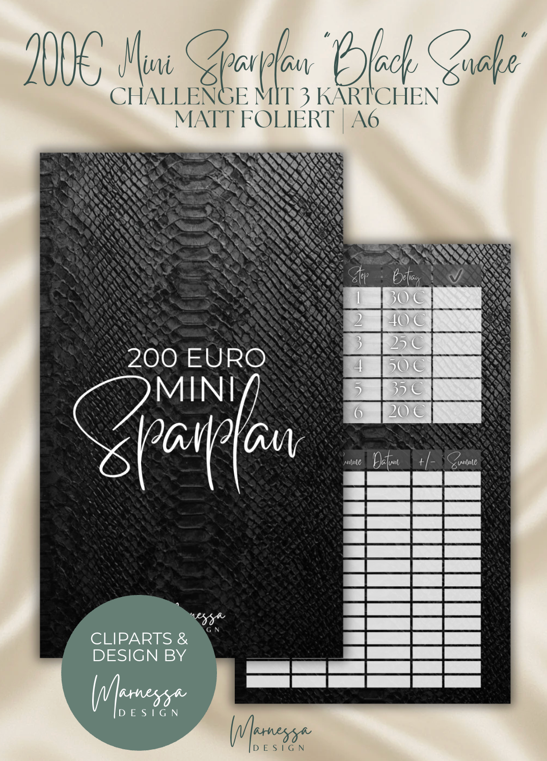 200 € Mini Sparplan A6 | BLACK SNAKE  | Sparchallenge zum einheften | matt foliert | A6