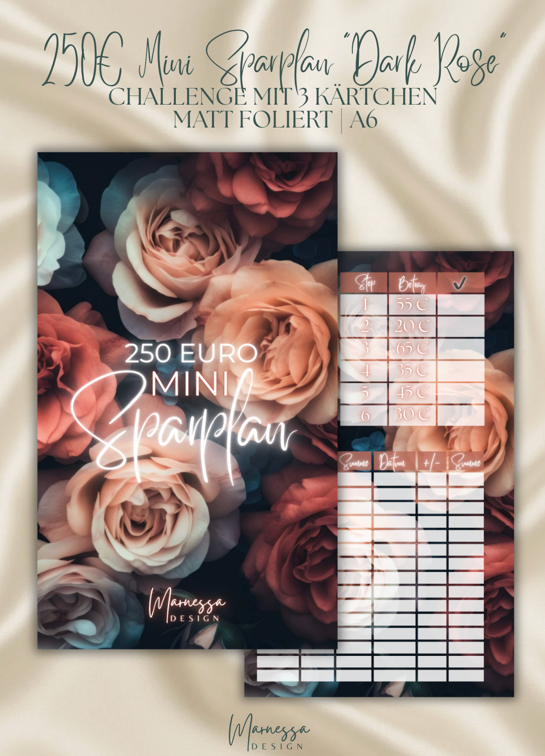 250 € Mini Sparplan A6 | DARK ROSE  | Sparchallenge zum einheften | matt foliert | A6