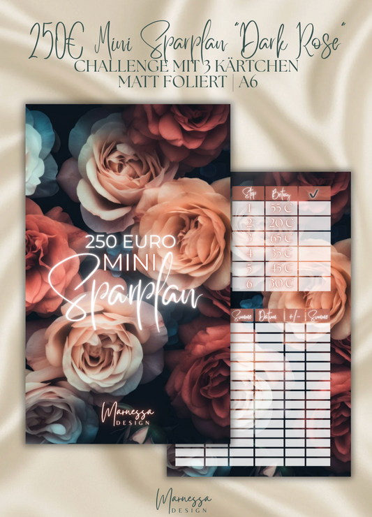 250 € Mini Sparplan A6 | DARK ROSE  | Sparchallenge zum einheften | matt foliert | A6