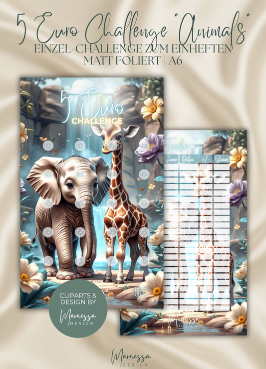 5 Euro Challenge "ANIMALS" | Einzel-Challenge zum einheften | matt foliert | A6
