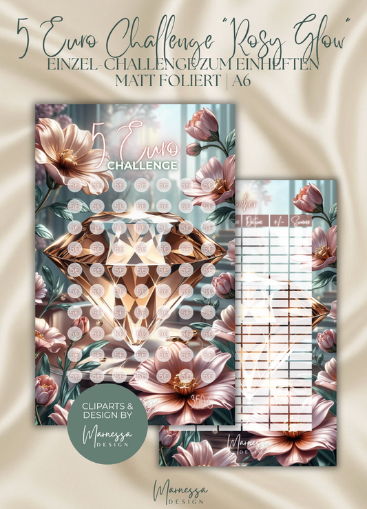 5 Euro Challenge "ROSY GLOW" | Einzel-Challenge zum einheften | matt foliert | A6