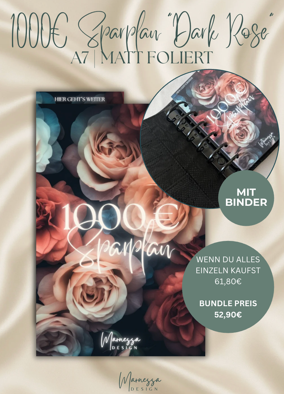 1000 € Mini Sparplan Bundle mit Binder | Einlagen "DARK ROSE" | matt foliert | A7