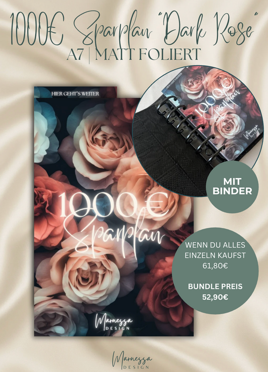 1000 € Mini Sparplan Bundle mit Binder | Einlagen "DARK ROSE" | matt foliert | A7