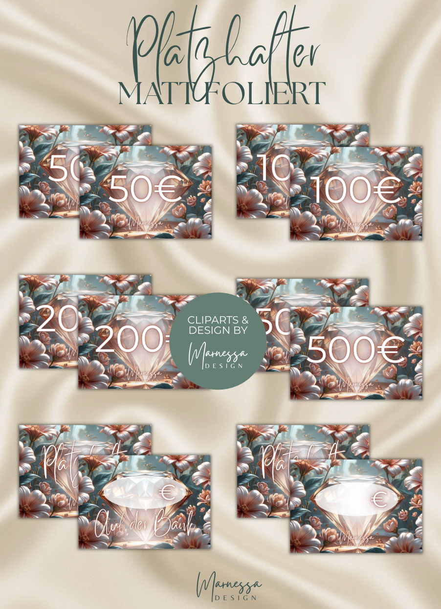 PLATZHALTER "ROSY GLOW" | 50 € | 100 € | 200 € | 500 € | Auf der Bank | Blanko | matt foliert