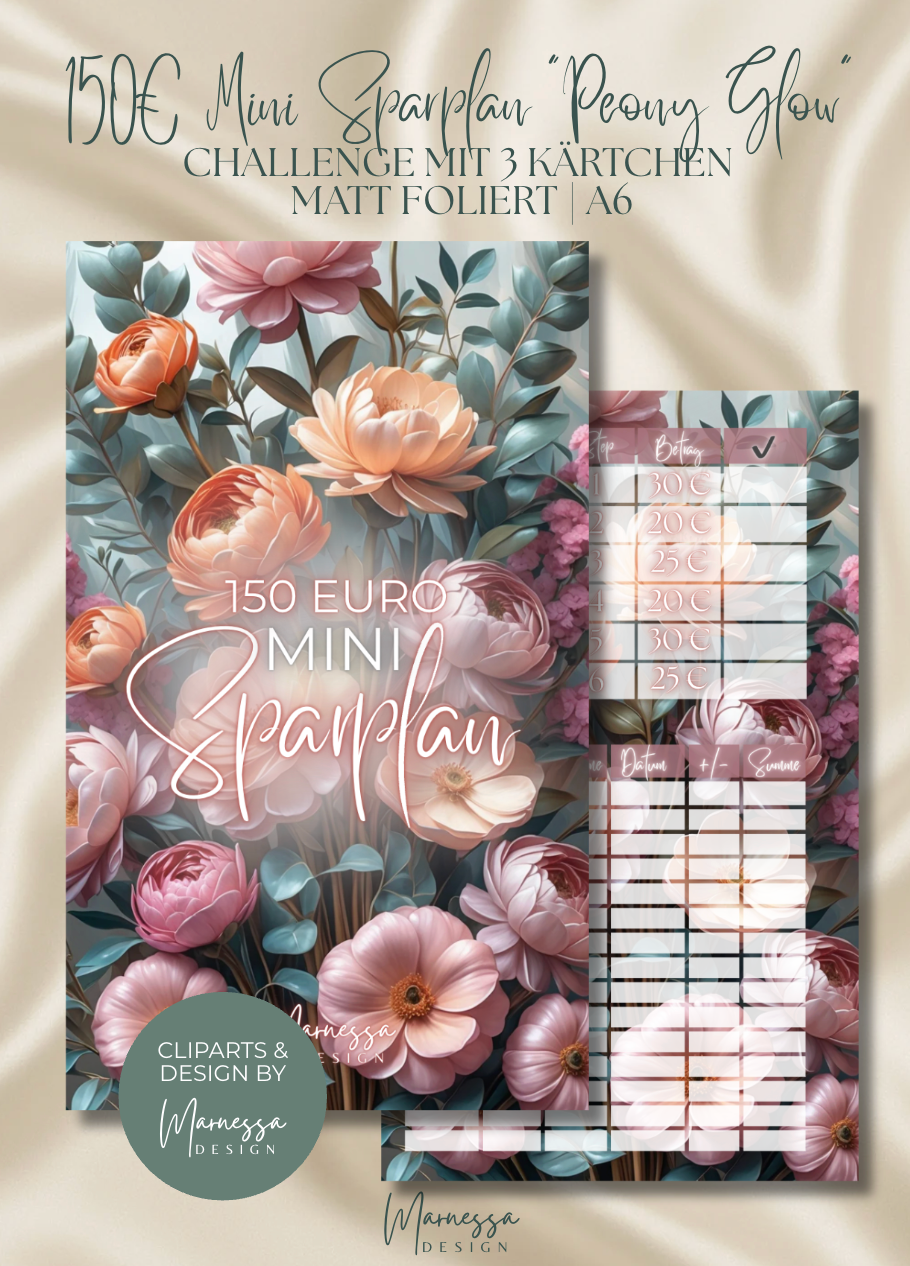 150 € Mini Sparplan A6 | PEONY GLOW  | Sparchallenge zum einheften | matt foliert | A6