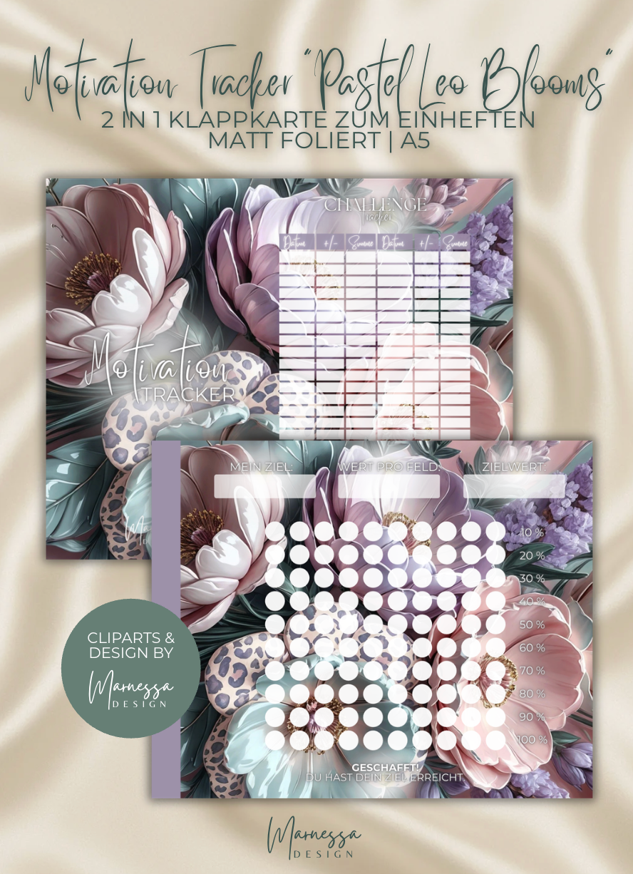 A5 | MOTIVATION TRACKER "PASTEL LEO BLOOMS " | 2 in 1 Klappkarte zum einheften | matt foliert