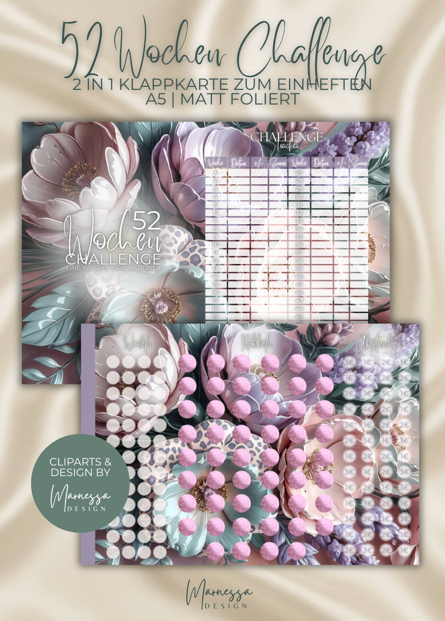 52 Wochen "PASTEL LEO BLOOMS" | 2 in 1 Klappkarte zum einheften | matt foliert | A5